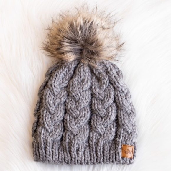 SOLD OUT Gray Cable Knit Faux Fur Pompom Beanie Fleece Lined Women's Winter Hat - Picture 3 of 4